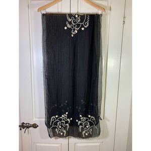 Zazou Black Sheer Scarf Cream Floral Embroidery Faux Pearl Beaded Rayon India